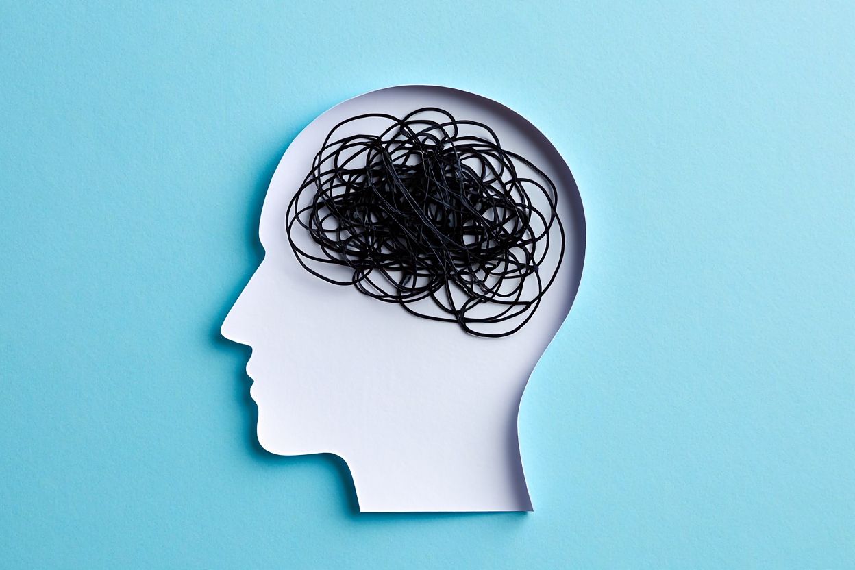 концепт сдвг - тарелка в форме головы с запутанной лентой